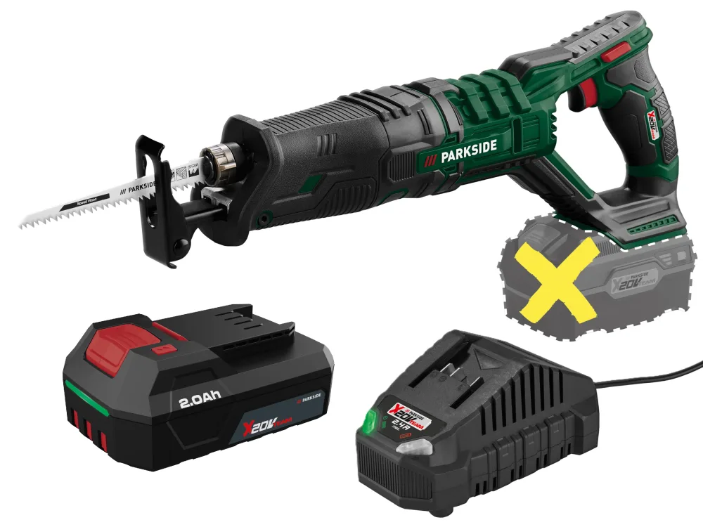 PARKSIDE®  Aku chvostová píla 20 V PSSA 20-Li B2 + Akumulátor 20 V/2 Ah + Nabíjačka 20 V/2,4 A