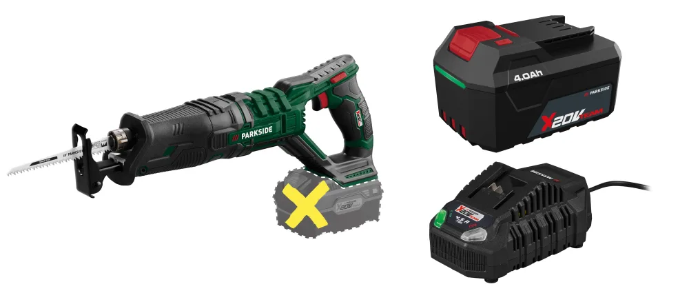 PARKSIDE® Aku chvostová píla 20 V PSSA 20-Li B2 + Akumulátor 20 V/4 Ah PAP 204 A1 + Rýchlonabíjačka 20 V/4,5 A PLG 20 C3