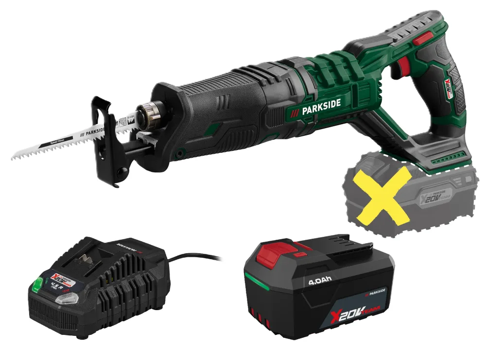 PARKSIDE® Aku chvostová píla 20 V PSSA 20-Li B2 + Akumulátor 20 V/4 Ah + Rýchlonabíjačka 20 V/4,5 A