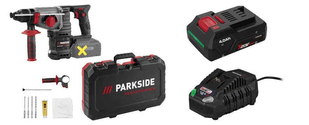 PARKSIDE® Aku kombinované kladivo PPAKH 20-Li A1 + Smart akumulátor 20 V/4 Ah PAPP 204 A1 + Rýchlonabíjačka 20 V/4,5 A PLG 20 C3