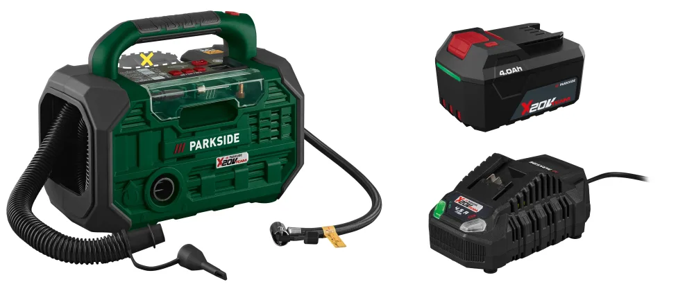 PARKSIDE® Aku kompresor a pumpa 20 V PKA 20-Li C3 + Akumulátor 20 V/4 Ah PAP 204 A1 + Rýchlonabíjačka 20 V/4,5 A PLG 20 C3