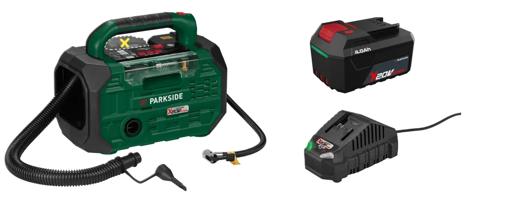 PARKSIDE® Aku kompresor a pumpa PKA 20-Li D3 + Akumulátor 20 V/4 Ah PAP 204 A1 + Nabíjačka na akumulátor 20 V/2,4 A PLG 20 C1