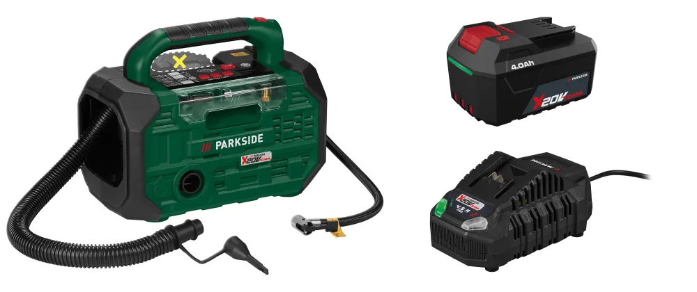 PARKSIDE® Aku kompresor a pumpa PKA 20-Li D3 + Akumulátor 20 V/4 Ah PAP 204 A1 + Rýchlonabíjačka akumulátora 20 V/4,5 A PLG 20 C3