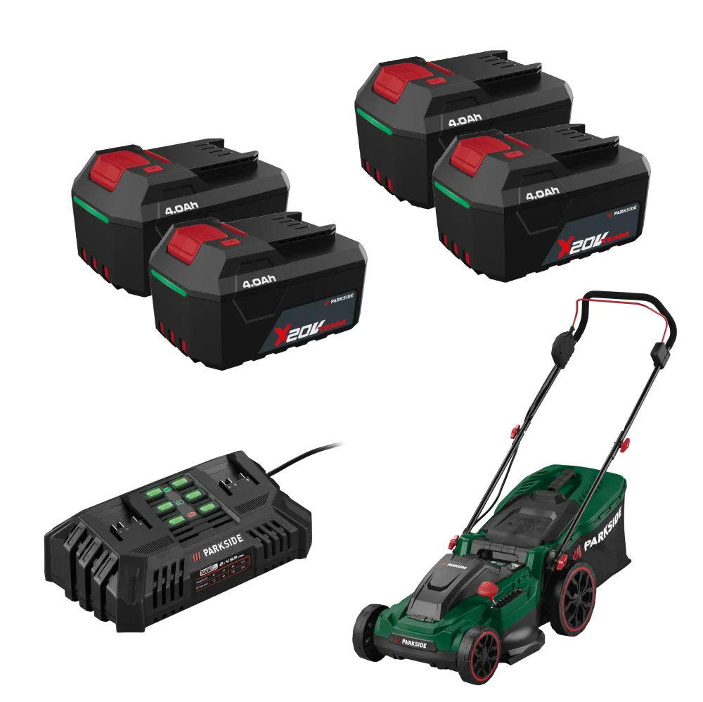 PARKSIDE® Aku kosačka na trávu 40 V PARM 41 A14 + Akumulátor 20 V/4 Ah, 4 kusy + Dvojitá nabíjačka na akumulátor 20 V/4,5 A