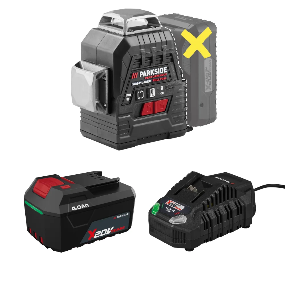 PARKSIDE® Aku krížový líniový laser PKLLP 3360 A1 + Akumulátor 20 V/4 Ah + Rýchlonabíjačka akumulátora 20 V/4,5 A