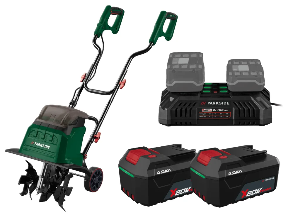 PARKSIDE® Aku kultivátor 40 V PABH B2 + Akumulátor 20 V/4 Ah, 2 kusy + Dvojitá nabíjačka 20 V/4,5 A
