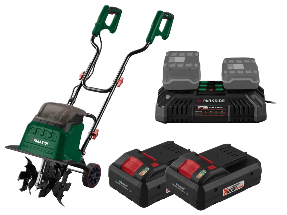 PARKSIDE® Aku kultivátor 40 V PABH B2 + Smart akumulátor 20 V/4 Ah, 2 kusy + Dvojitá nabíjačka 20 V/4,5 A