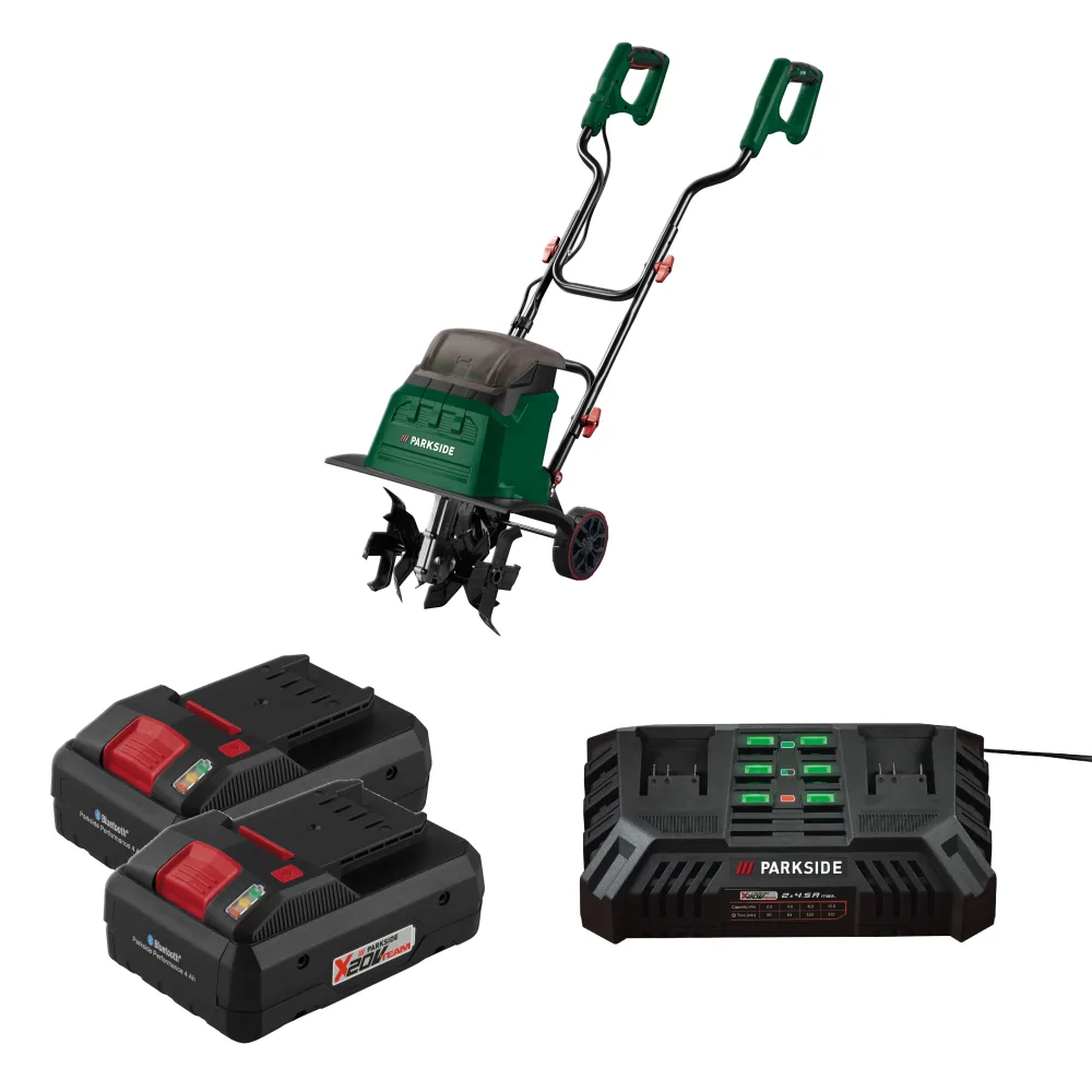 PARKSIDE® Aku kultivátor 40 V PABH B2 + Smart akumulátor 20 V/4 Ah, 2 kusy + Dvojitá nabíjačka na akumulátor 20 V/4,5 A