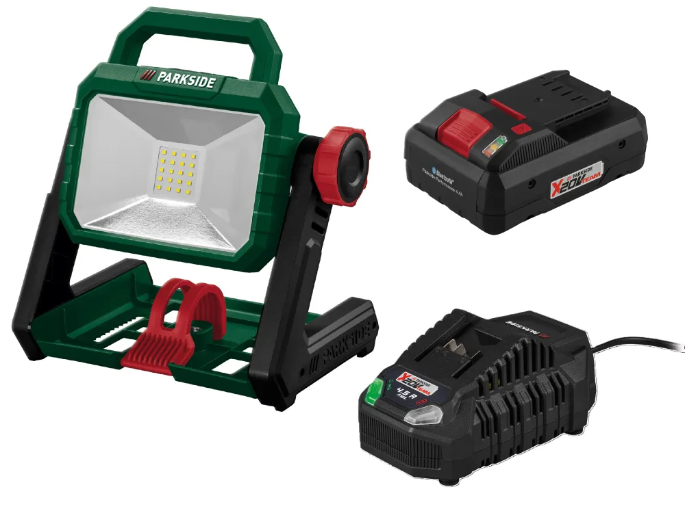PARKSIDE® Aku LED reflektor PLSA 20-Li A1 + Smart akumulátor 20 V/4 Ah + Rýchlonabíjačka 20 V/4,5 A