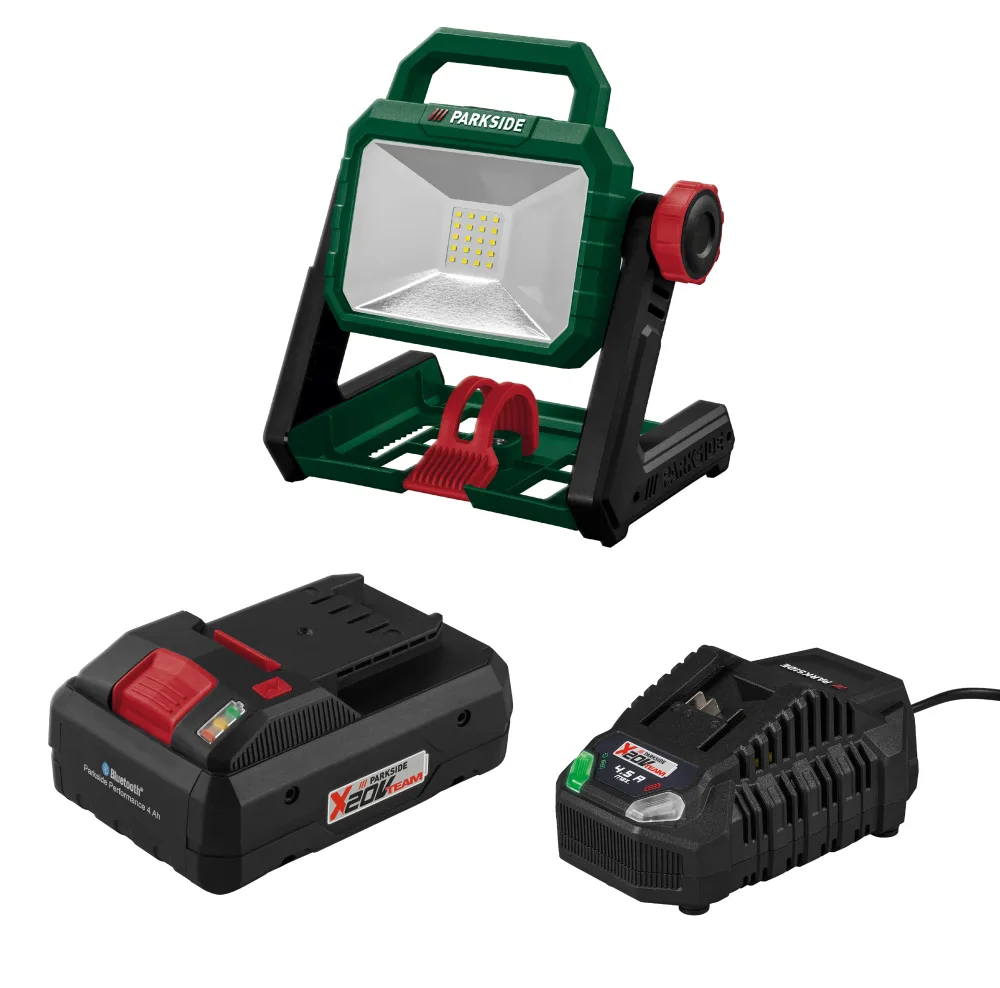 PARKSIDE® Aku LED reflektor PLSA 20-Li A1 + Smart akumulátor 20 V/4 Ah + Rýchlonabíjačka akumulátora 20 V/4,5 A
