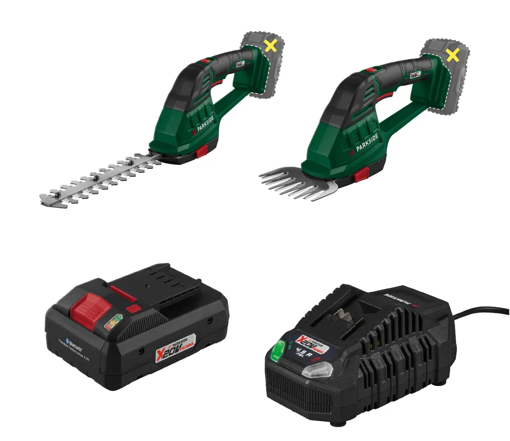 PARKSIDE® Aku nožnice na trávnik a živý plot 20 V PAGS A1 + Smart akumulátor 20 V/4 Ah + Rýchlonabíjačka akumulátora 20 V/4,5 A