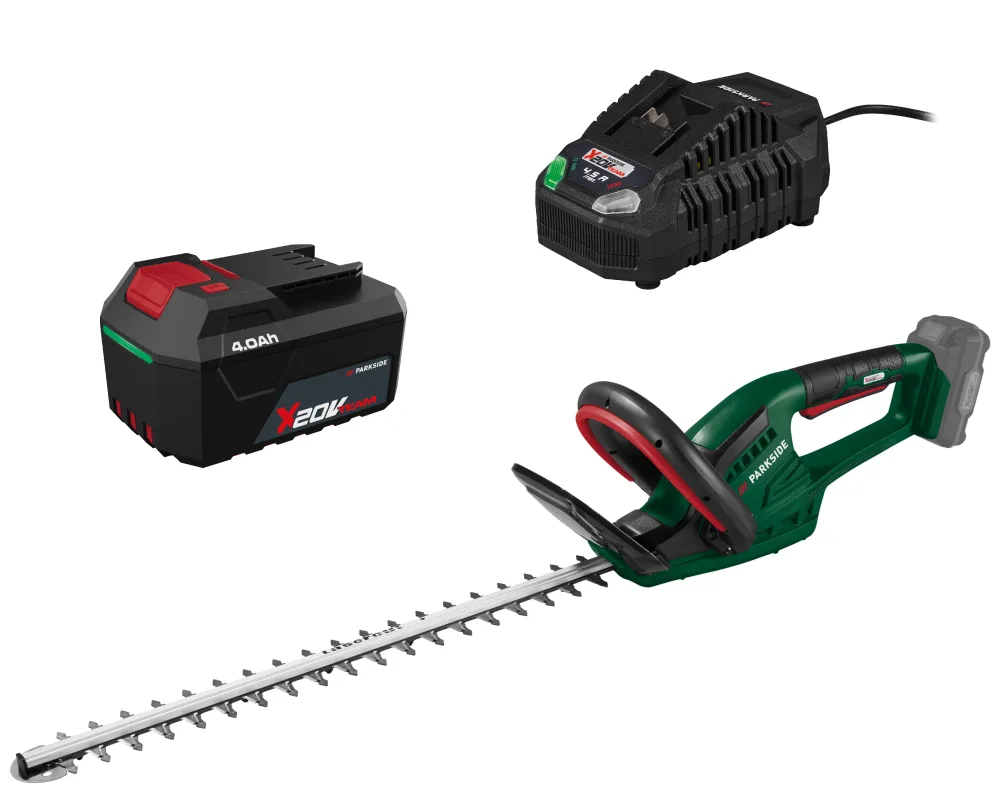 PARKSIDE® Aku nožnice na živý plot PHSA 20-Li D4 + Rýchlonabíjačka akumulátora 20 V/4,5 A + Akumulátor 20 V/4 Ah