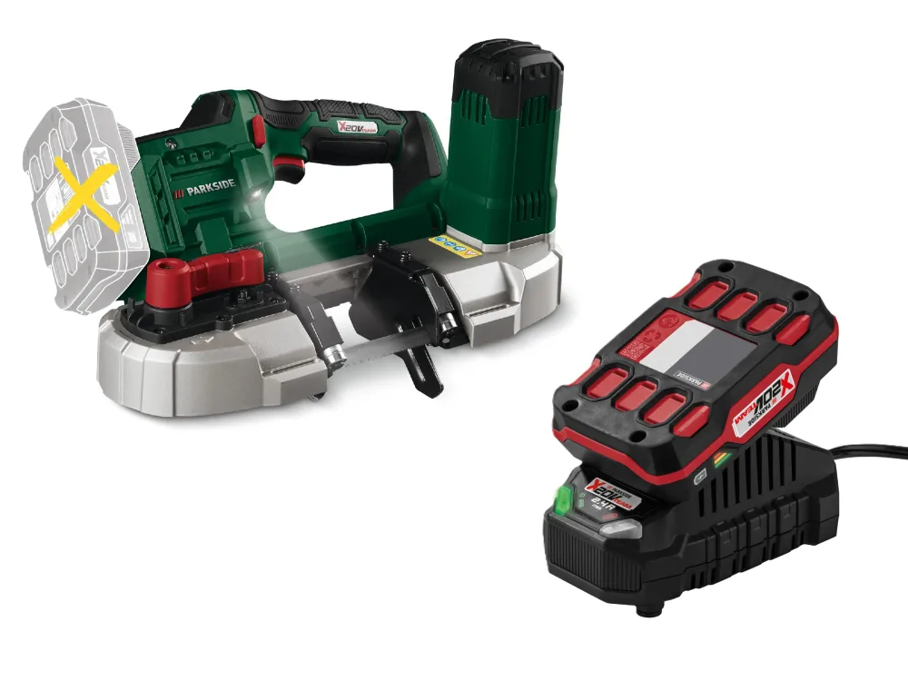 PARKSIDE® Aku pásová píla 20 V PMBA 20-Li A1 + Akumulátor 20 V 2 Ah PAP 20 B1 + Nabíjačka 20 V 2,4 A