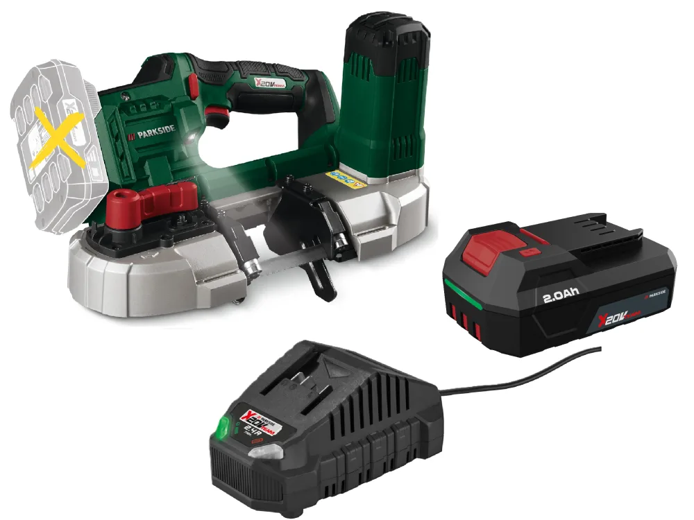 PARKSIDE® Aku pásová píla 20 V PMBA 20-Li A1 + Akumulátor 20 V/2 Ah + Nabíjačka 20 V/2,4 A