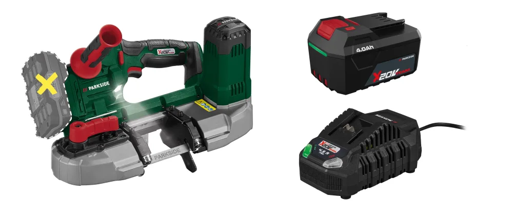 PARKSIDE® Aku pásová píla 20 V PMBA 20-Li A1 + Akumulátor 20 V/4 Ah PAP 204 A1 + Rýchlonabíjačka akumulátora 20 V/4,5 A PLG 20 C3