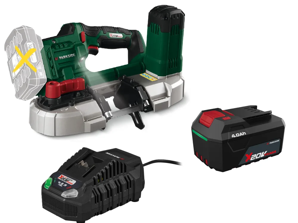 PARKSIDE® Aku pásová píla 20 V PMBA 20-Li A1 + Akumulátor 20 V/4 Ah + Rýchlonabíjačka 20 V/4,5