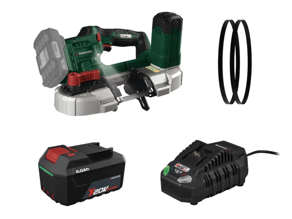 PARKSIDE® Aku pásová píla 20 V PMBA 20-Li A1 + Pílový pás, 2 kusy + Akumulátor 20 V/4 Ah PAP 204 A1 + Rýchlonabíjačka 20 V/4,5 A