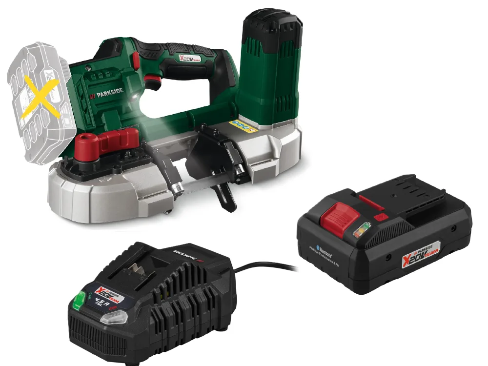 PARKSIDE® Aku pásová píla 20 V PMBA 20-Li A1 + Smart akumulátor 20 V/4 Ah + Rýchlonabíjačka 20 V/4,5