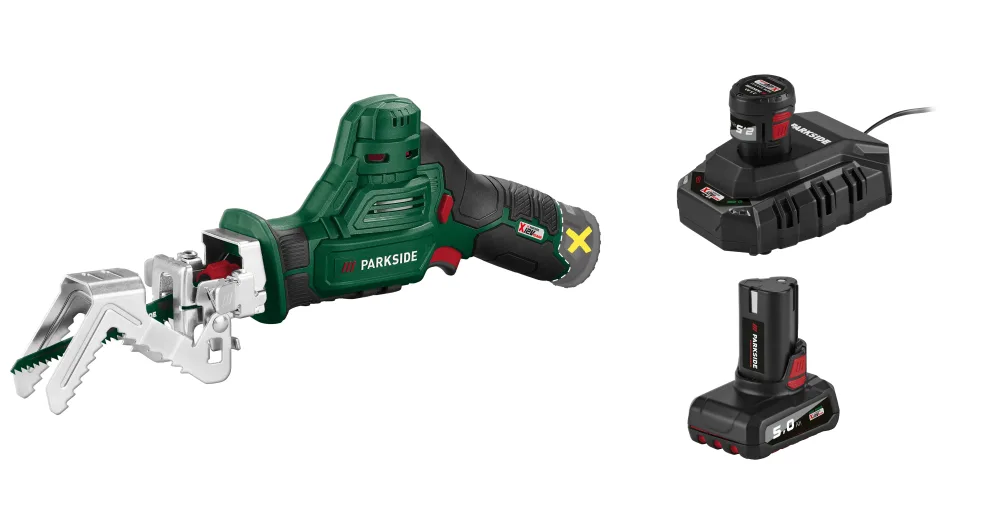 PARKSIDE® Aku píla na konáre PAAS 12 A2 + Akumulátor 12 V/2,5 Ah + Nabíjačka 6 A PLGK 12 6.0 B1 + Akumulátor 12 V/5 Ah