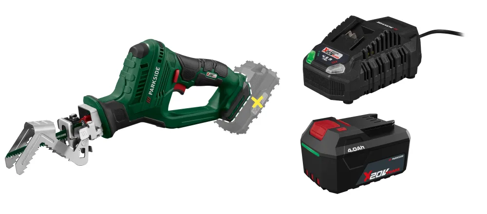 PARKSIDE® Aku píla na konáre PASA 20-Li D3 + Rýchlonabíjačka akumulátora 20 V/4,5 A PLG 20 C3 + Akumulátor 20 V/4 Ah PAP 204 A1