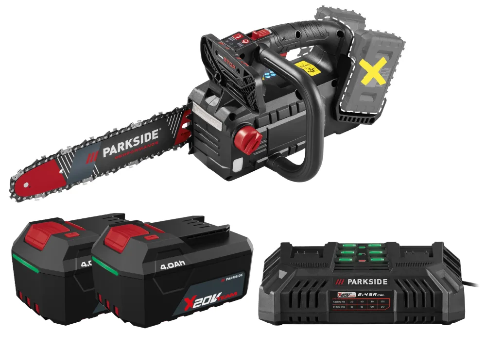 PARKSIDE® Aku prerezávacia píla 40 V PPAKS 40-Li B2 + Akumulátor 20 V/4 Ah, 2 kusy + Dvojitá nabíjačka 20 V/4,5 A