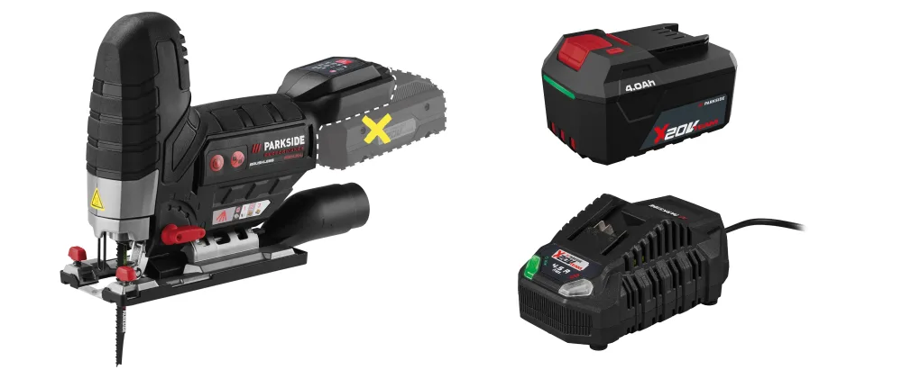 PARKSIDE® Aku priamočiara píla 20 V PSSPA 20-Li F4 + Akumulátor 20 V/4 Ah PAP 204 A1 + Rýchlonabíjačka 20 V/4,5 A PLG 20 C3