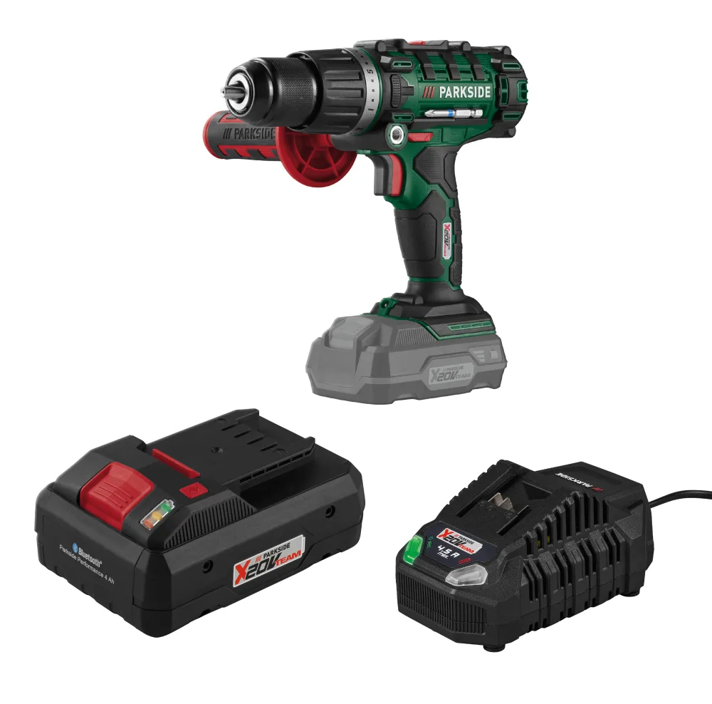 PARKSIDE® Aku príklepový vŕtací skrutkovač 20 V PSBSA E4 + Smart akumulátor 20 V/4 Ah + Rýchlonabíjačka akumulátora 20 V/4,5 A