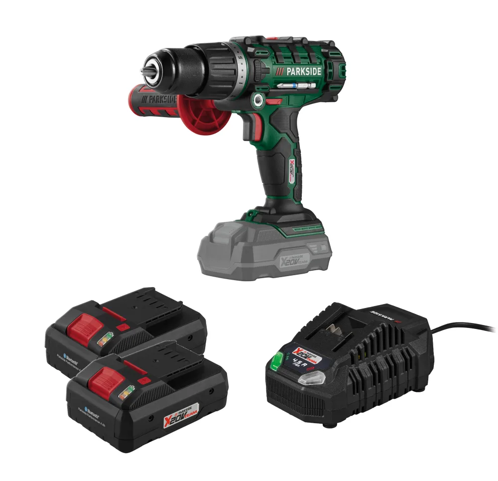 PARKSIDE® Aku príklepový vŕtací skrutkovač 20 V + Smart akumulátor 20 V/4 Ah, 2 kusy + Rýchlonabíjačka akumulátora 20 V/4,5 A