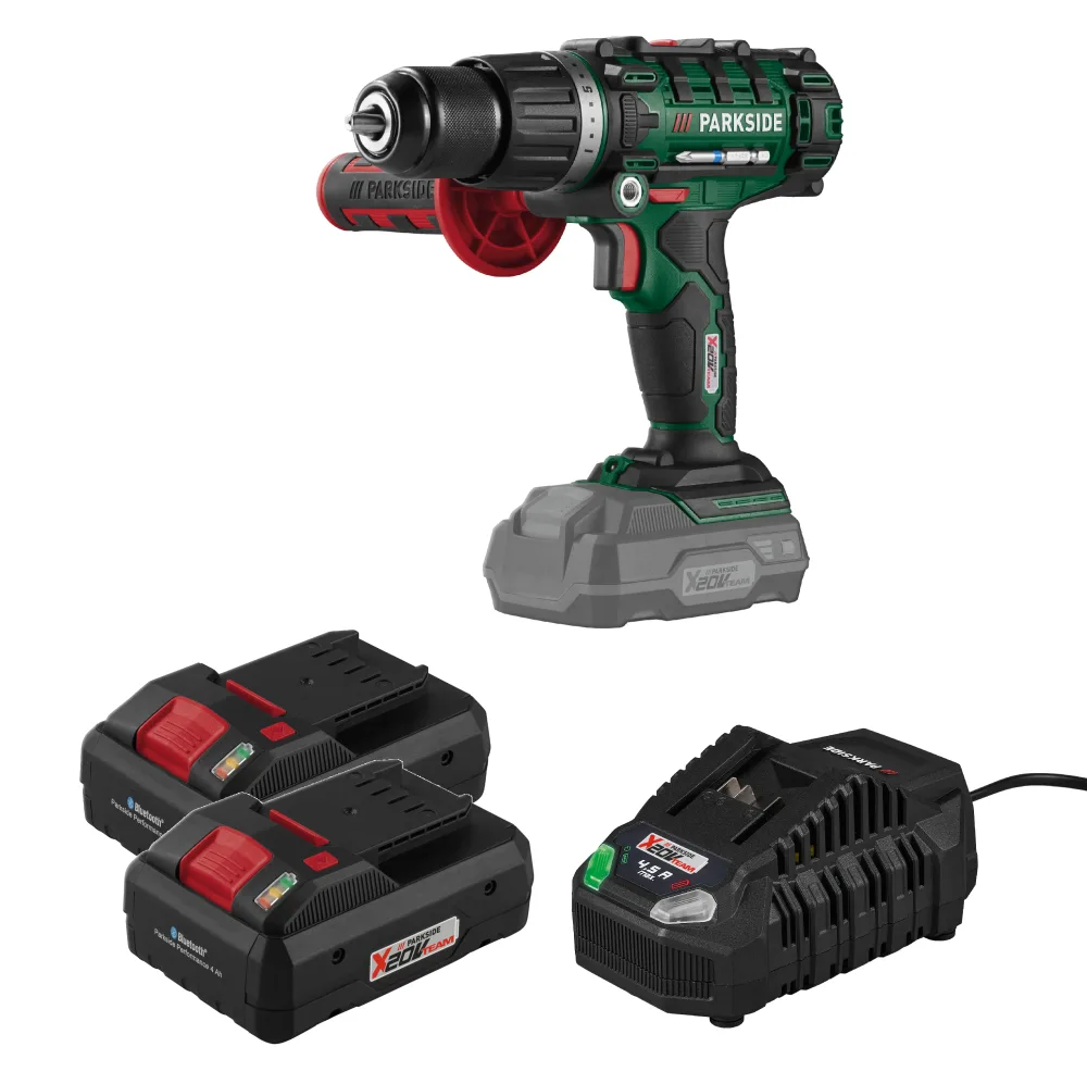 PARKSIDE® Aku príklepový vŕtací skrutkovač 20 V + Smart akumulátor 20 V/4 Ah, 2 kusy + Rýchlonabíjačka akumulátora 20 V/4,5 A
