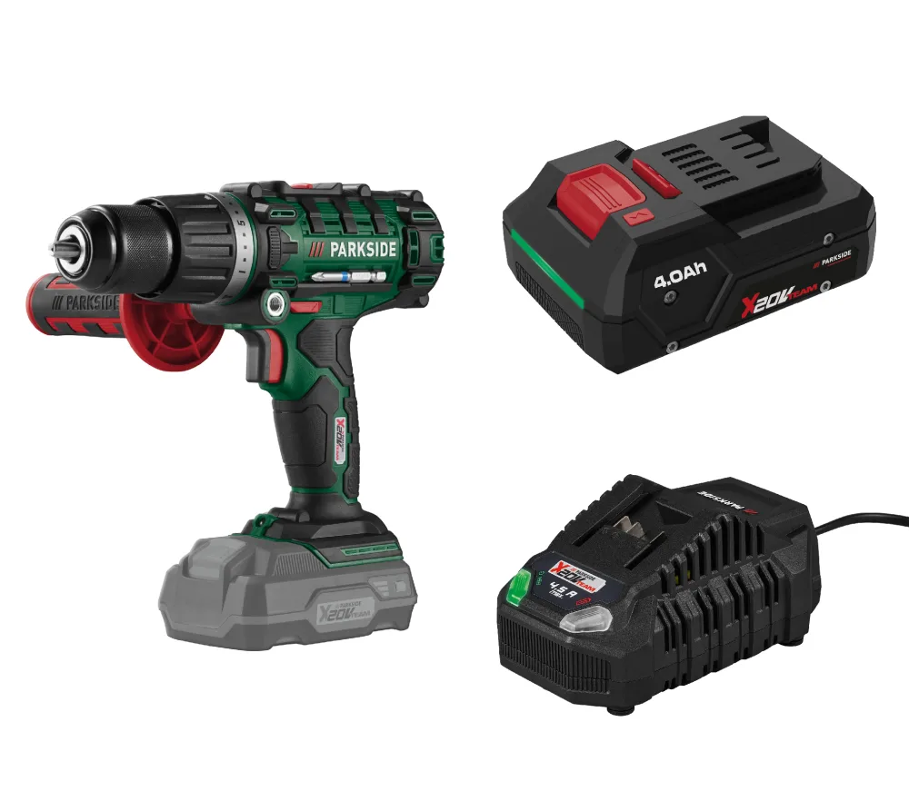 PARKSIDE® Aku príklepový vŕtací skrutkovač PSBSA 20-Li E4 + Rýchlonabíjačka akumulátora 20 V/4,5 A + Smart akumulátor 20 V/4 Ah