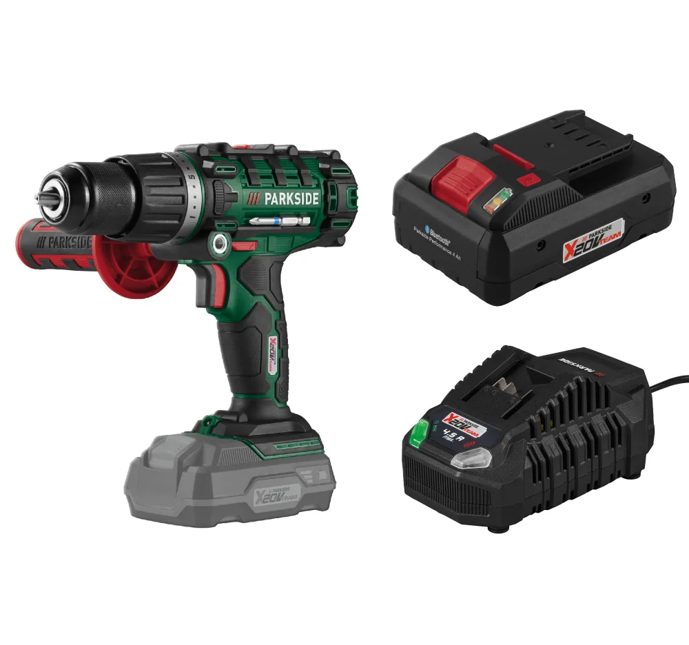 PARKSIDE® Aku príklepový vŕtací skrutkovač PSBSA 20-Li E4 + Smart akumulátor 20 V/4 Ah + Rýchlonabíjačka akumulátora 20 V/4,5 A
