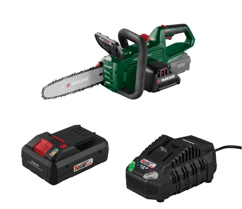 PARKSIDE® Aku reťazová píla 20 V PAKS F5 + Smart akumulátor 20 V/4 Ah + Rýchlonabíjačka akumulátora 20 V/4,5 A