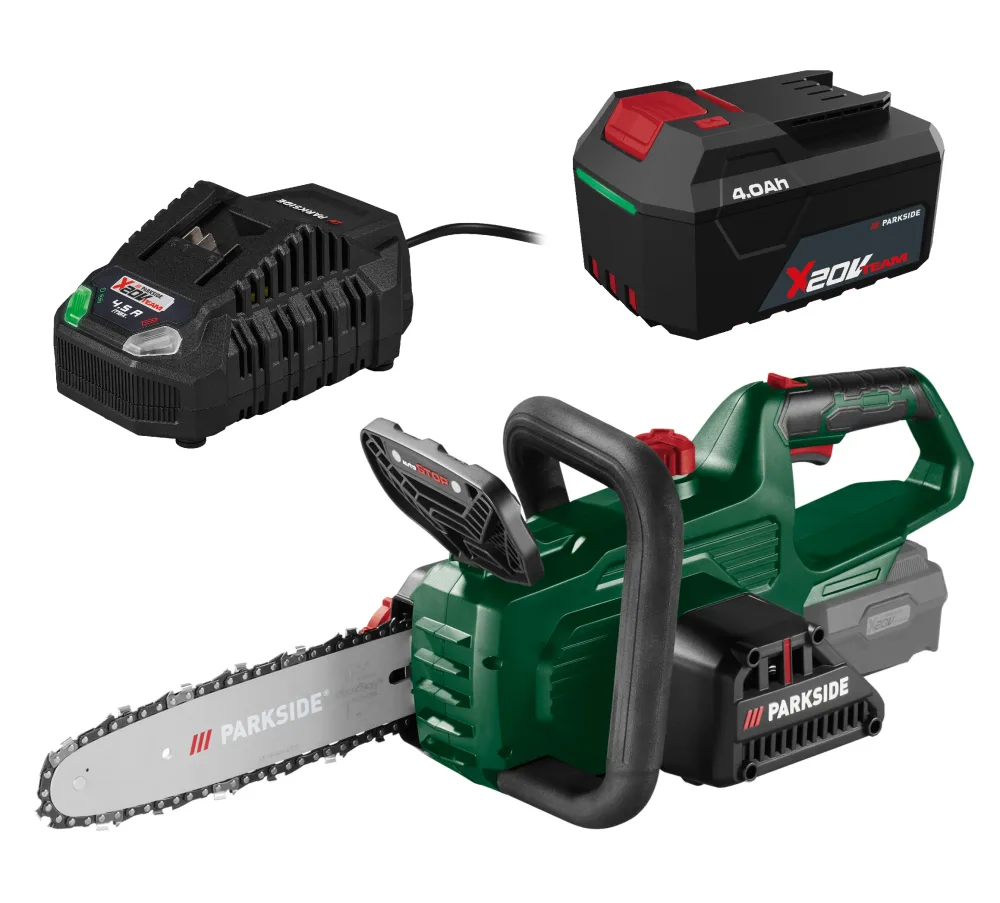 PARKSIDE® Aku reťazová píla 20 V PAKS F5 + Akumulátor 20 V/4 Ah PAP 204 A1 + Rýchlonabíjačka akumulátora 20 V/4,5 A PLG 20 C3