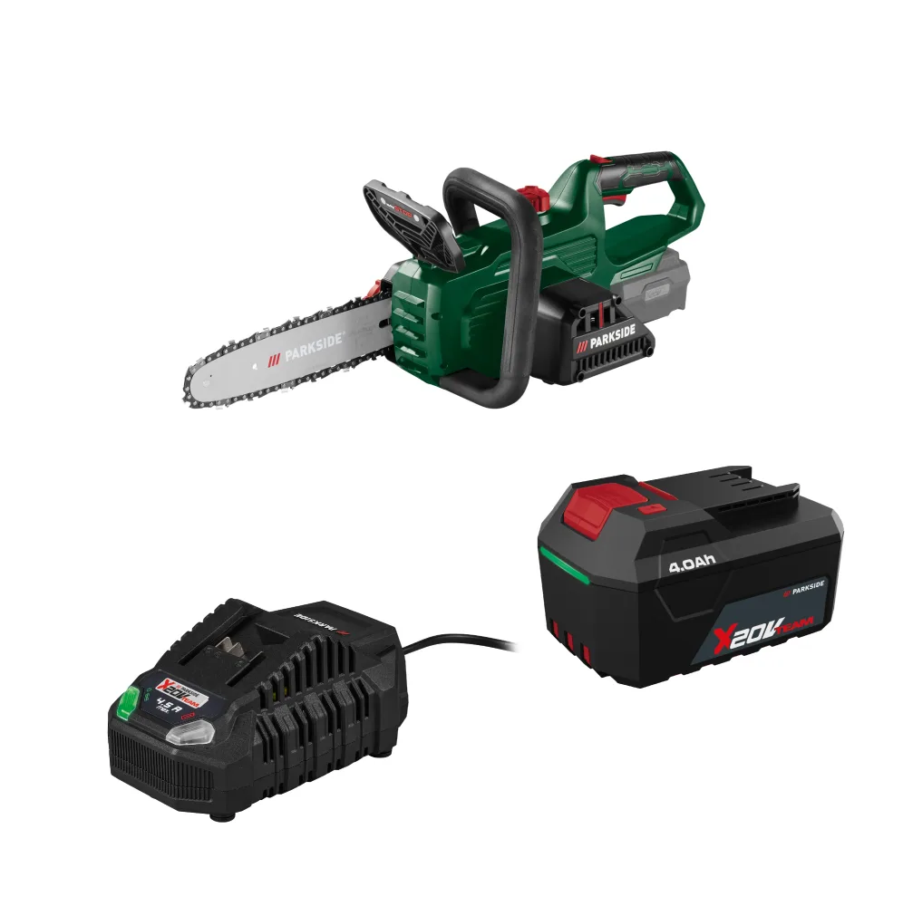 PARKSIDE® Aku reťazová píla 20 V PAKS F5 + Akumulátor 20 V/4 Ah + Rýchlonabíjačka akumulátora 20 V/4,5 A