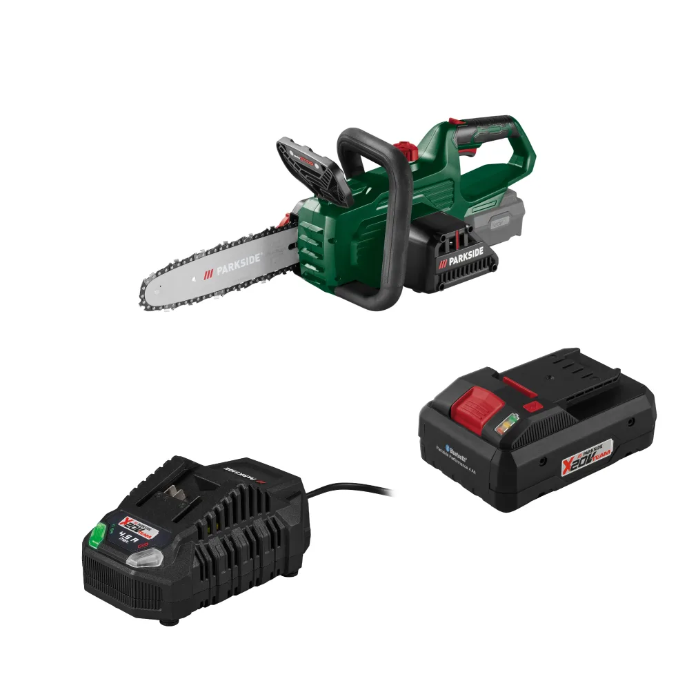 PARKSIDE® Aku reťazová píla 20 V PAKS F5 + Smart akumulátor 20 V/4 Ah + Rýchlonabíjačka akumulátora 20 V/4,5 A