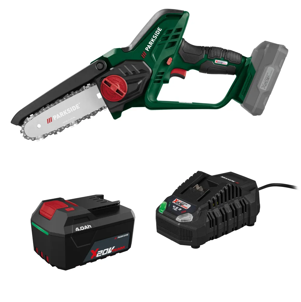 PARKSIDE® Aku reťazová píla PAGHS 20-Li C4 + Akumulátor 20 V/4 Ah PAP 204 A1 + Rýchlonabíjačka akumulátora 20 V/4,5 A PLG 20 C3