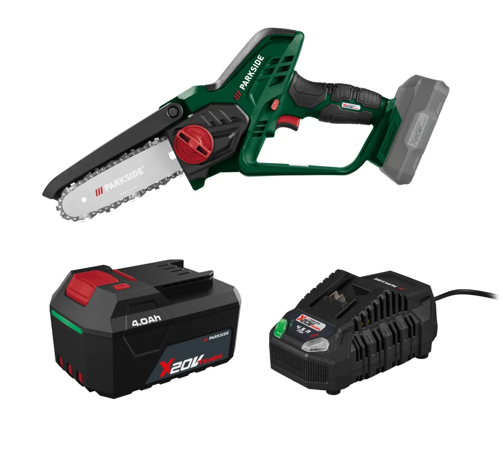 PARKSIDE® Aku reťazová píla PAGHS 20-Li C4 + Rýchlonabíjačka akumulátora 20 V/4,5 A PLG 20 C3 + Akumulátor 20 V/4 Ah PAP 204 A1