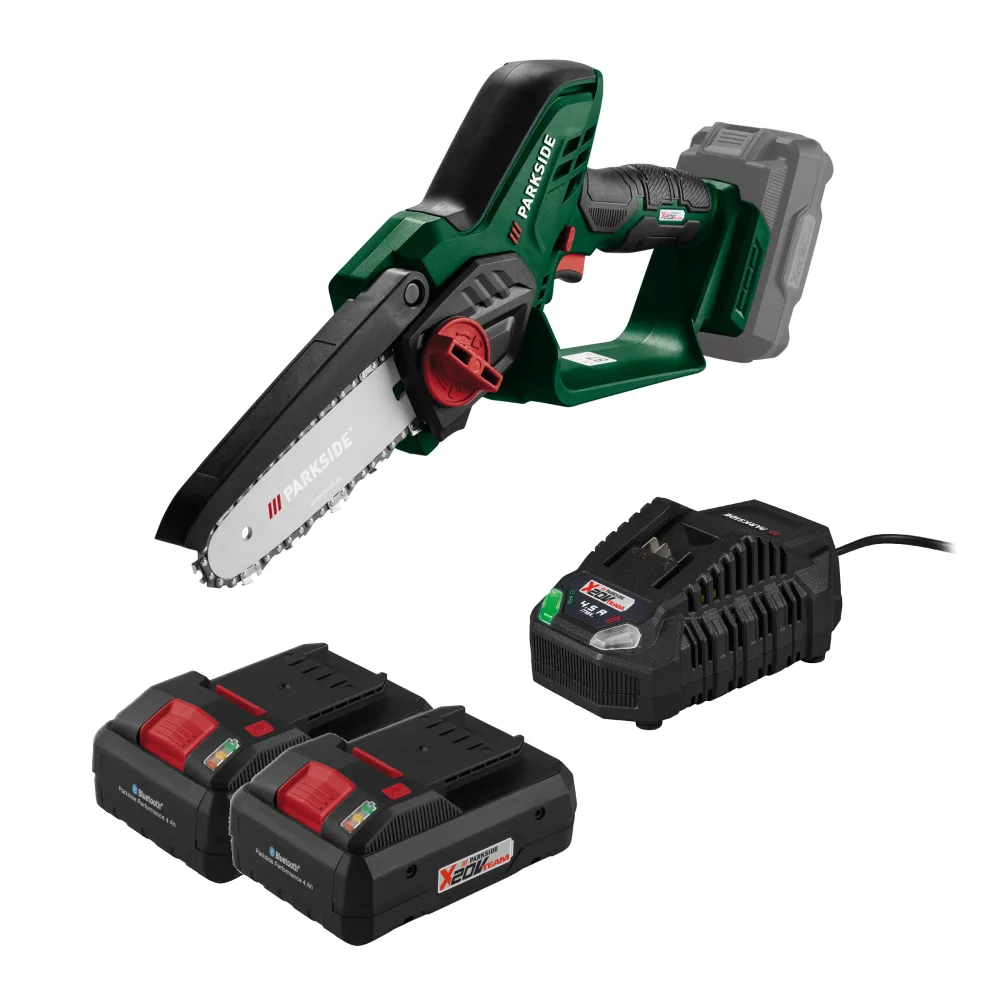 PARKSIDE® Aku reťazová píla PAGHS 20-Li C4 + Smart akumulátor 20 V/4 Ah, 2 kusy + Rýchlonabíjačka akumulátora 20 V/4,5 A