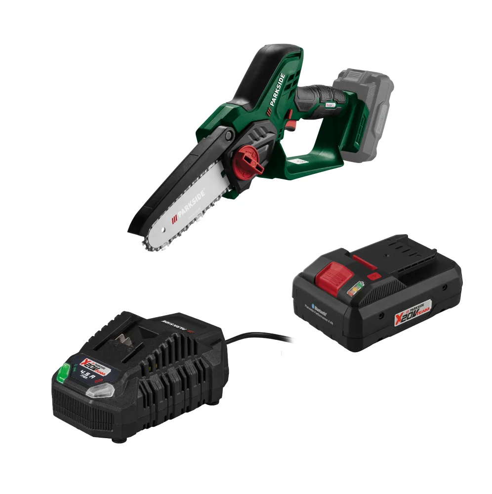 PARKSIDE® Aku reťazová píla PAGHS 20-Li C4 + Smart akumulátor 20 V/4 Ah + Rýchlonabíjačka akumulátora 20 V/4,5 A