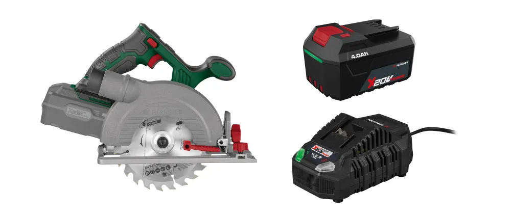 PARKSIDE® Aku ručná kotúčová píla 20 V PHKSA 20-Li C4 + Akumulátor 20 V/4 Ah PAP 204 A1 + Rýchlonabíjačka 20 V/4,5 A PLG 20 C3