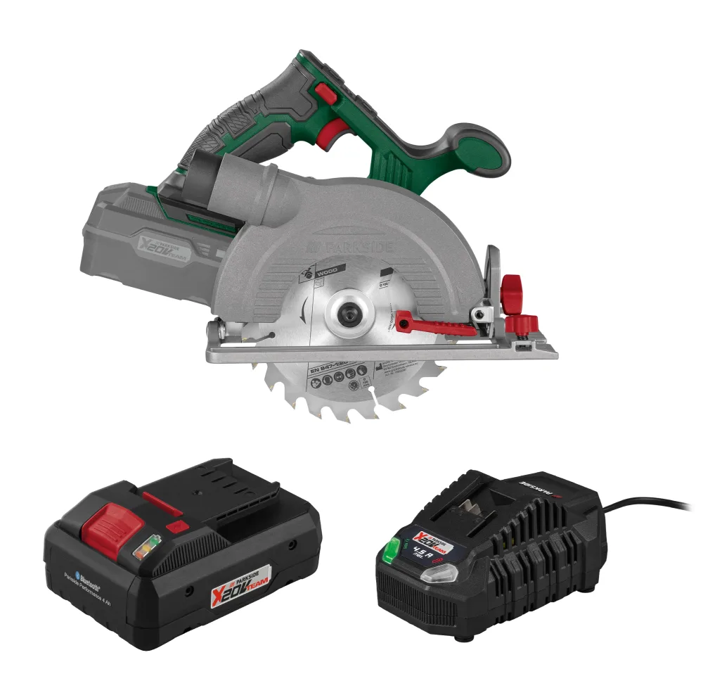 PARKSIDE® Aku ručná kotúčová píla 20 V PHKSA 20-Li C4 + Smart akumulátor 20 V/4 Ah + Rýchlonabíjačka akumulátora 20 V/4,5 A