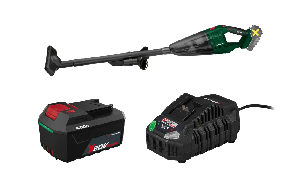 PARKSIDE® Aku ručný vysávač PHSSA 20-Li D2 + Akumulátor 20 V/4 Ah PAP 204 A1 + Rýchlonabíjačka akumulátora 20 V/4,5 A PLG 20 C3