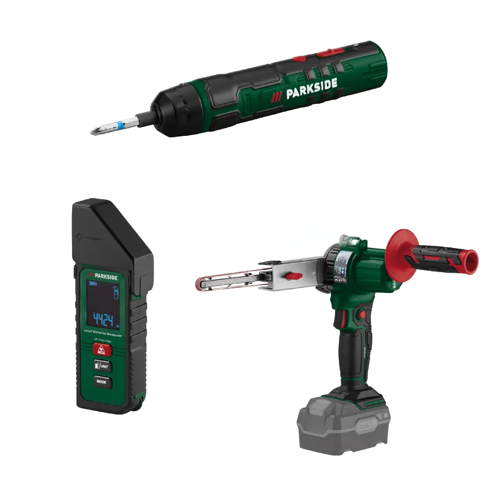 PARKSIDE® Aku skrutkovač 4 V + Laserový merač vzdialenosti + Aku pásový pilník 20 V – bez akumulátora