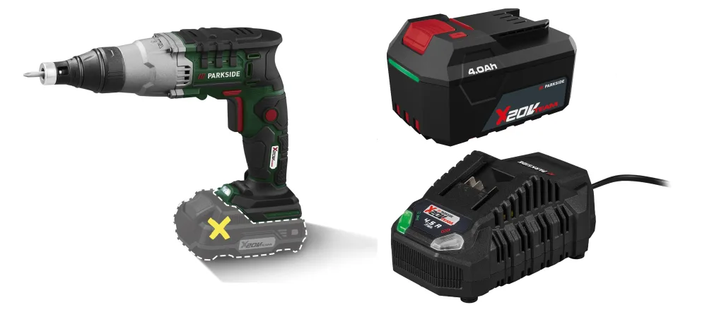 PARKSIDE® Aku skrutkovač na sadrokartón PTBSA 20-Li B2 + Akumulátor 20 V/4 Ah PAP 204 A1 + Rýchlonabíjačka 20 V/4,5 A PLG 20 C3