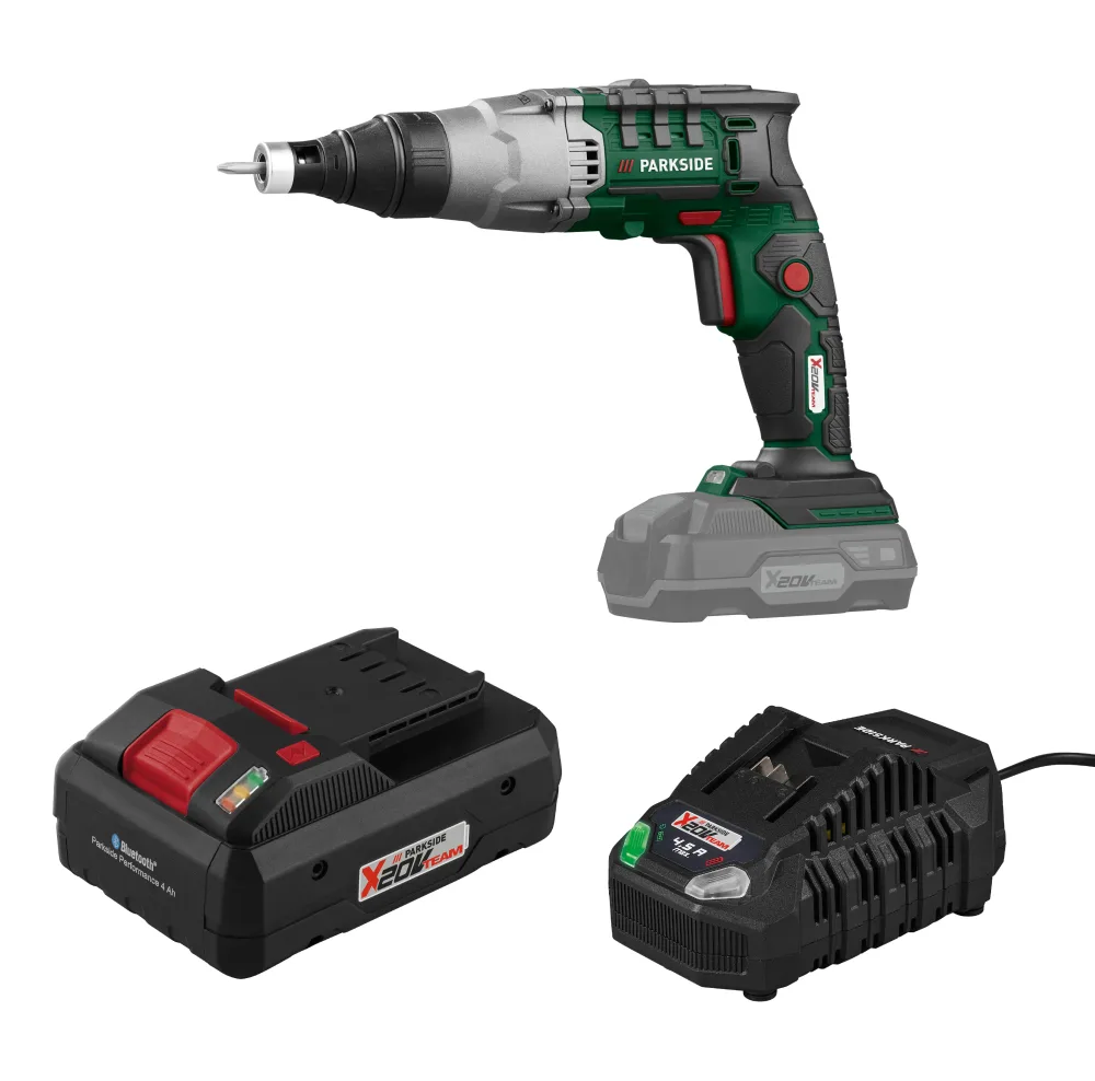 PARKSIDE® Aku skrutkovač na sadrokartón PTBSA 20-Li B2 + Smart akumulátor 20 V/4 Ah + Rýchlonabíjačka akumulátora 20 V/4,5 A