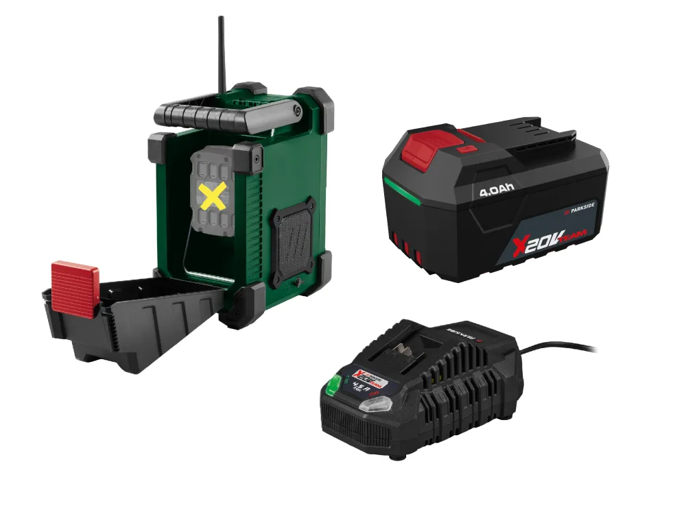PARKSIDE® Aku stavebné rádio 20 V/12 V + Akumulátor 20 V/4 Ah + Rýchlonabíjačka 20 V/4,5 A