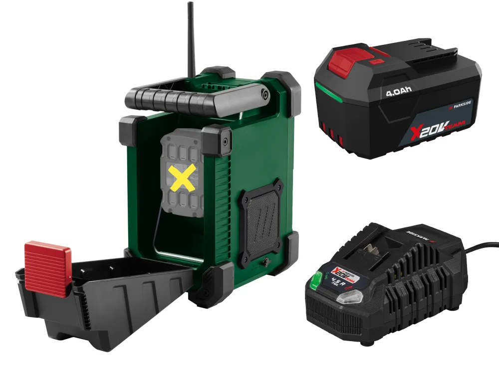 PARKSIDE® Aku stavebné rádio 20 V/12 V PBR F10 A1 + Akumulátor 20 V/4 Ah + Rýchlonabíjačka 20 V/4,5 A