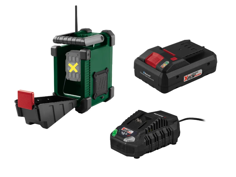 PARKSIDE® Aku stavebné rádio 20 V/12 V PBR F10 A1 + Smart akumulátor 20 V/4 Ah + Rýchlonabíjačka akumulátora 20 V/4,5 A