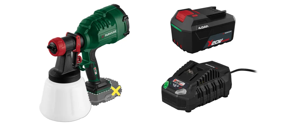 PARKSIDE® Aku striekacia pištoľ na farbu PFSA 20-Li B2 + Akumulátor 20 V/4 Ah PAP 204 A1 + Rýchlonabíjačka 20 V/4,5 A PLG 20 C3