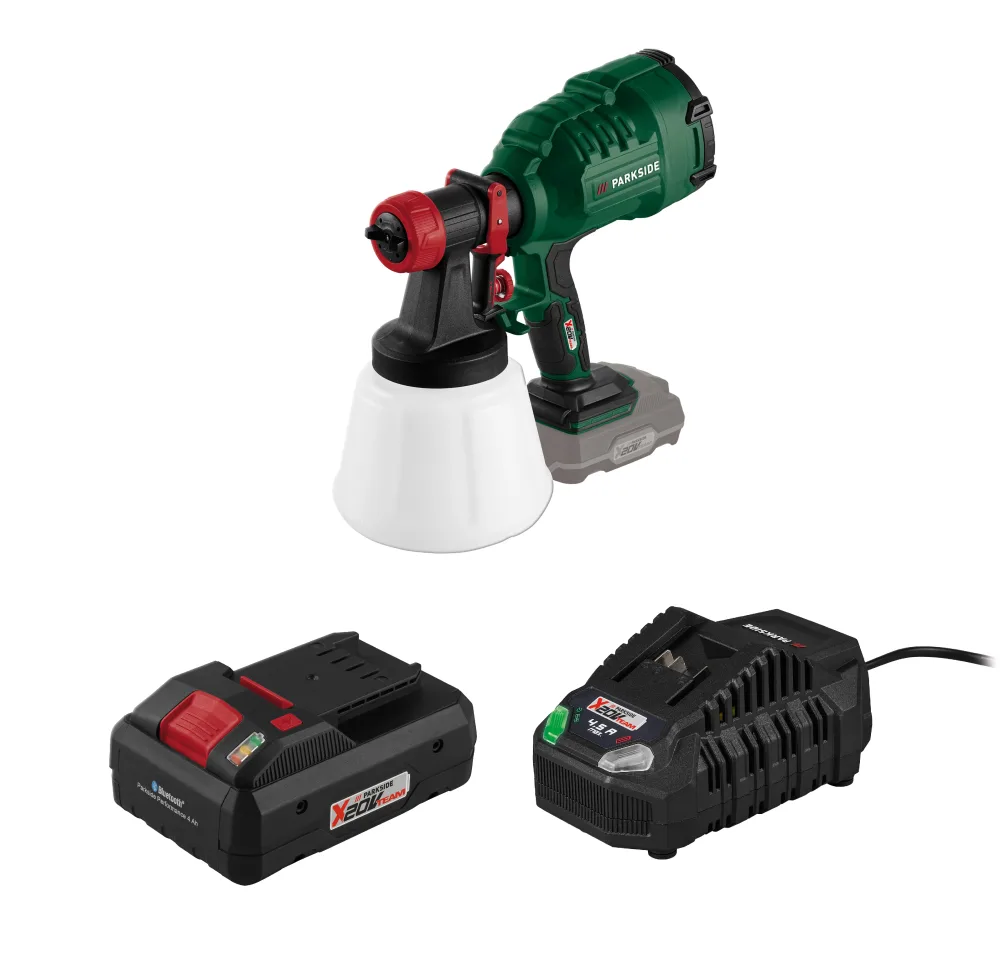 PARKSIDE® Aku striekacia pištoľ na farbu PFSA 20-Li B2 + Smart akumulátor 20 V/4 Ah + Rýchlonabíjačka akumulátora 20 V/4,5 A